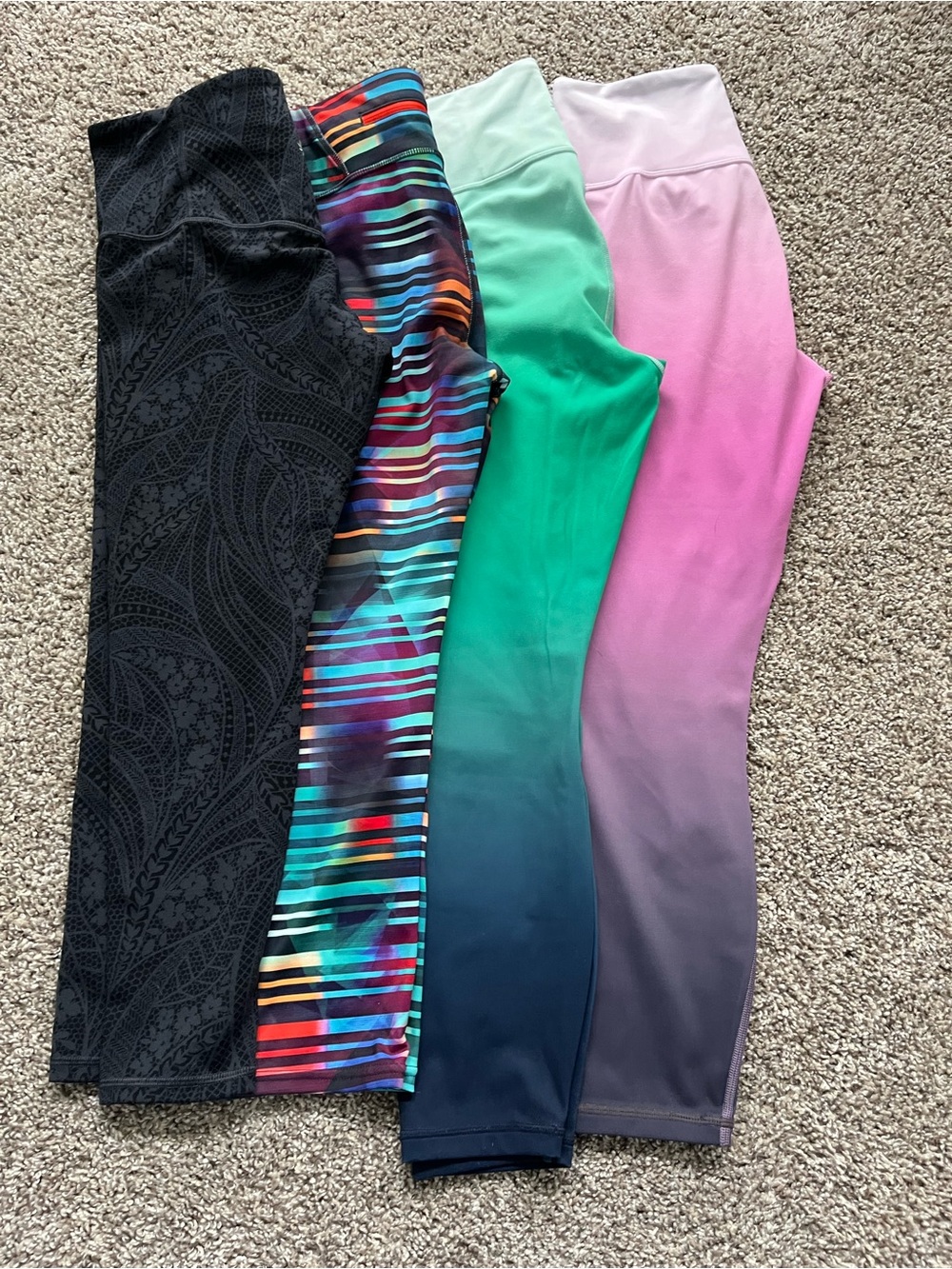 Athleta leggings lot 4 pr. Pink ombre,green ombre,multi colored & black/silver